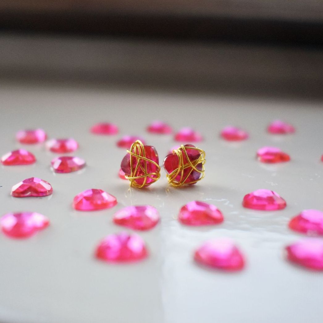 Gold Wire Pink Heart Stud Earrings | by Ifemi Jewels-0